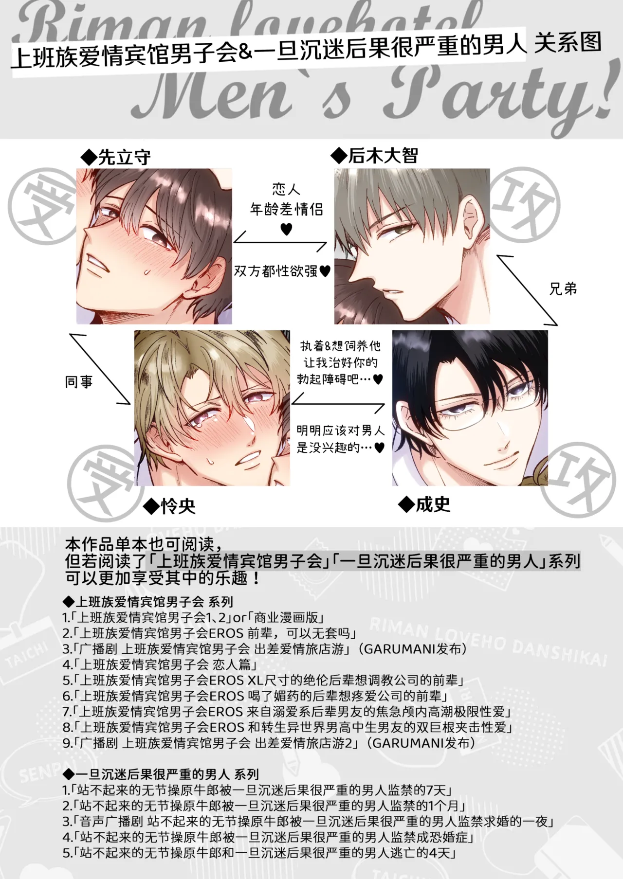[Sumeshiya-san (Sumeshi)] Tatanai Yarichin Motohosuto ga Hamaru to Yabaiotoko to Otouto Couple to 4P Rabuho Danshikai | 站不起来的无节操原牛郎和一旦沉迷后果很严重的男人及其弟弟情侣的4P爱情宾馆男子会 [Chinese] [Digital]